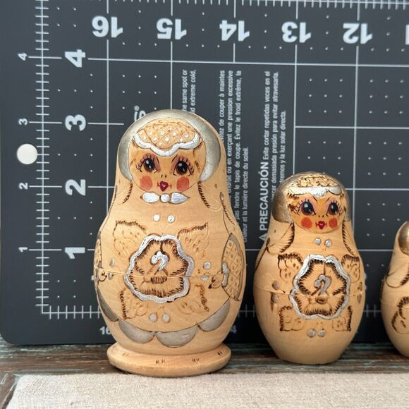 Vintage Hand Painted Matryoshka Russian 5 Nesting Dolls Natural Burnt Wood 3.75" - Picture 12 of 12